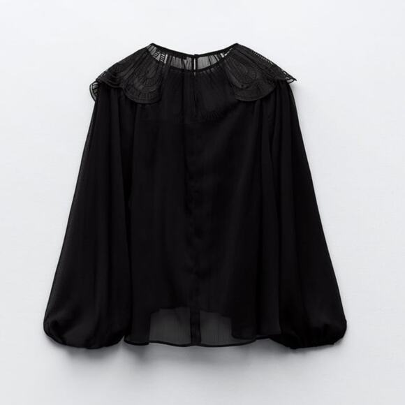 Zara Black ORGANZA BIB COLLAR BLOUSE Size Large - Picture 6 of 12